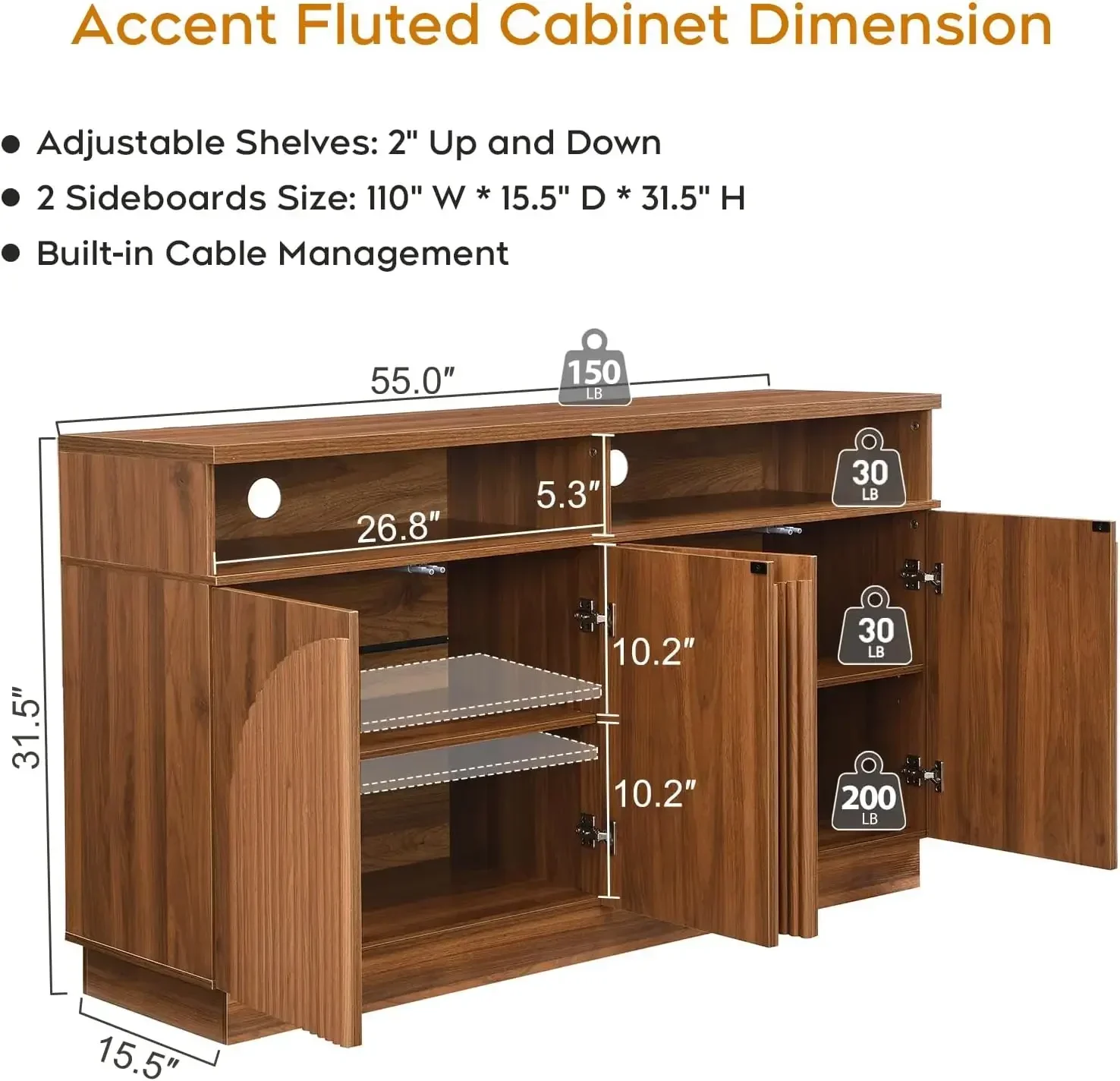 2-Piece Fluted TV Stand with Arched Reeded Doors, Modern Media Console for Screens Up to 98 Inch, Storage Cabinet with Adjustabl