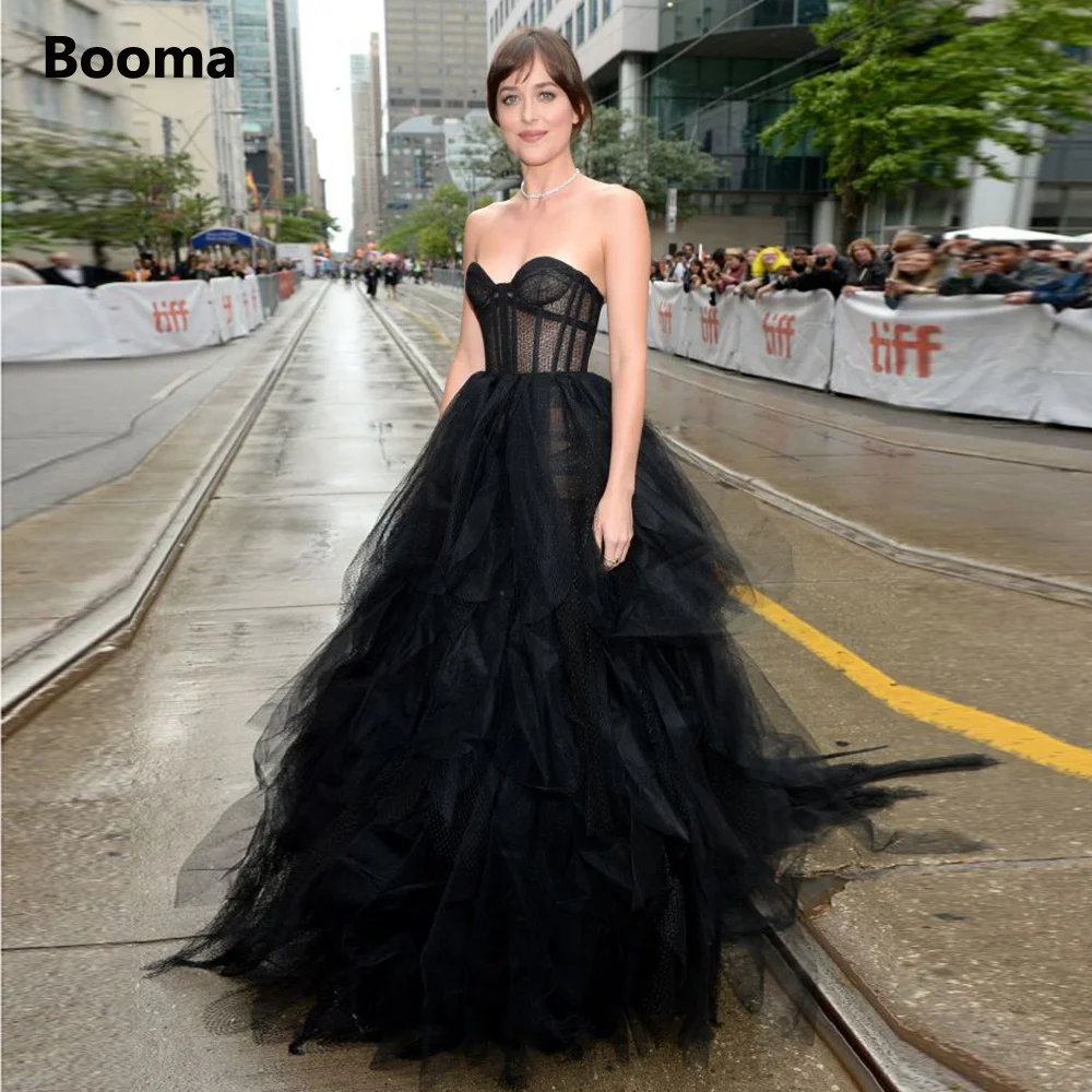 Booma Zwart Ruches Tulle Celebrity Jurken Sweetheart Illusion Corset A-lijn Lange Avondjurken Red Carpet Formele Gowns