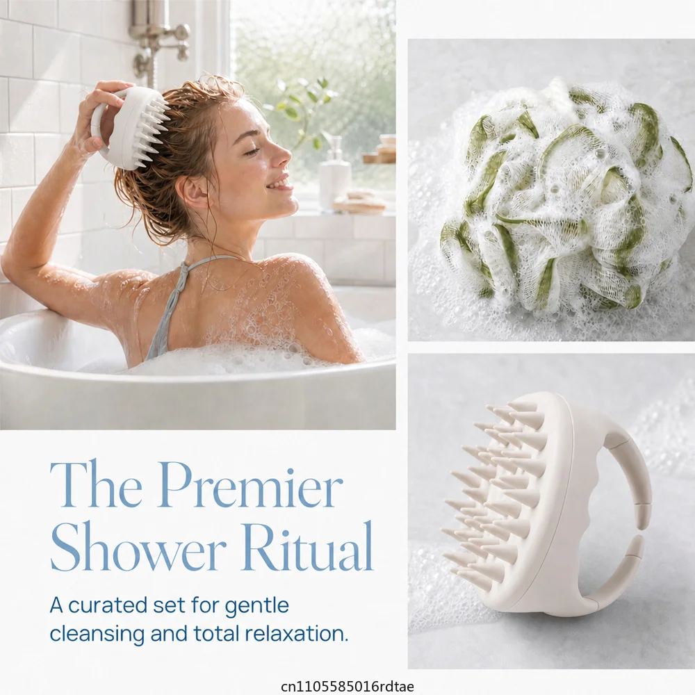 Hair Scalp Massager Shampoo Brush Scalp Exfoliator Dandruff With Bath Puffs Mesh Sponge Puffs Body Exfoliating Skin Scrub Set