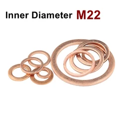 Copper Flat Washer M22 Seal Gasket inner diameter 22mm Sealing Ring Thin Sheet T3 Red copper washer