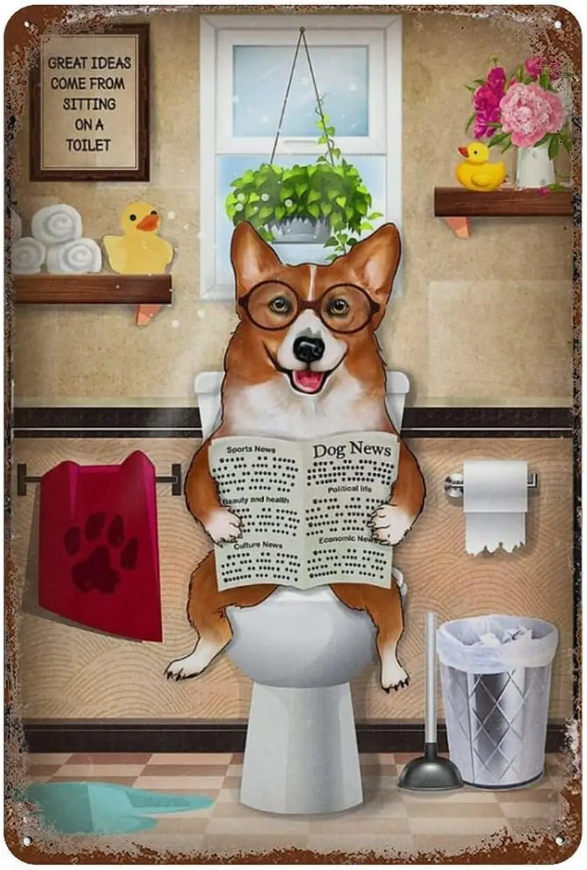 Vintage Tin Sign Corgi Dog Read Newspaper Toilet Bathroom Funny Funny Metal Tin Sign Wall Decor Rustic Farmhouse Sign Decor Gift