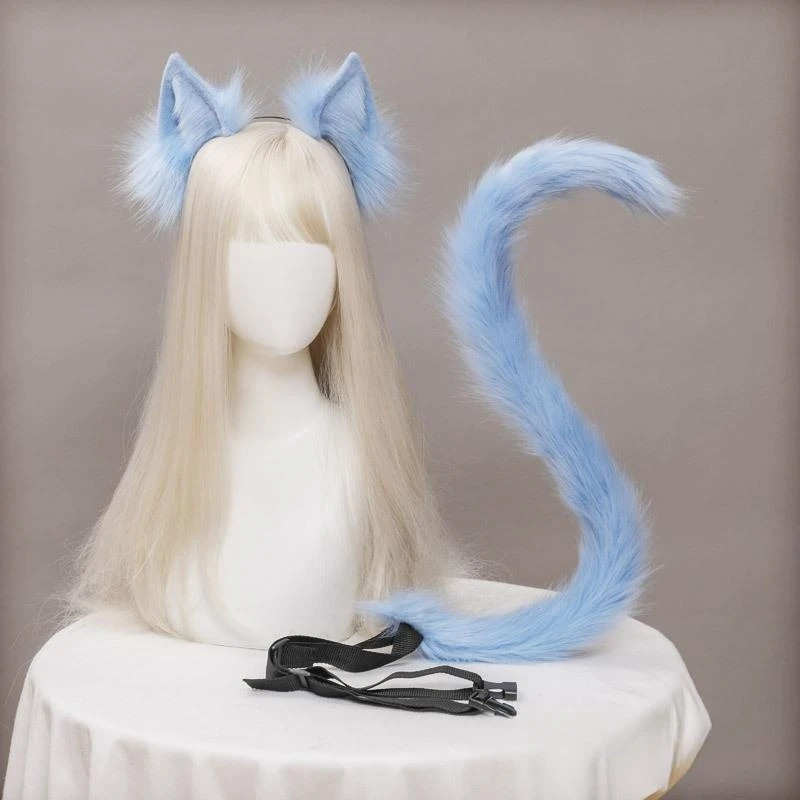 Fox Ear Headband and Long Tail Set Faux Fur Lolita Animation Cosplay Halloween Costume Headwear Accessories for Girls Women