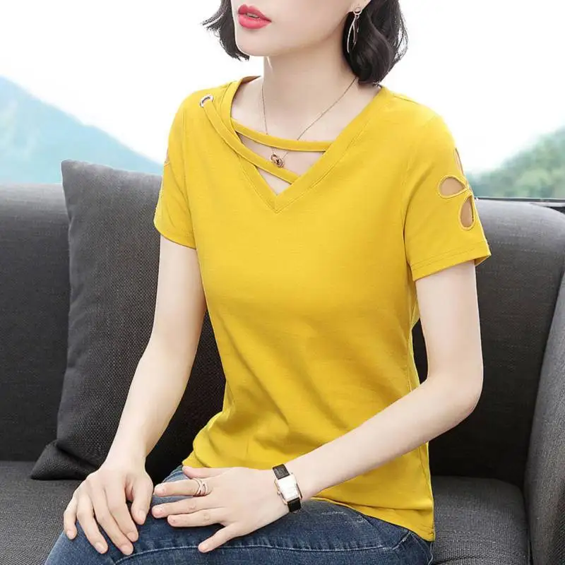 Vintage Striped T Shirts Summer New Short Sleeve Hollow Out V Neck Loose Patchwork Tops Street Casual Fashion Women Clothing