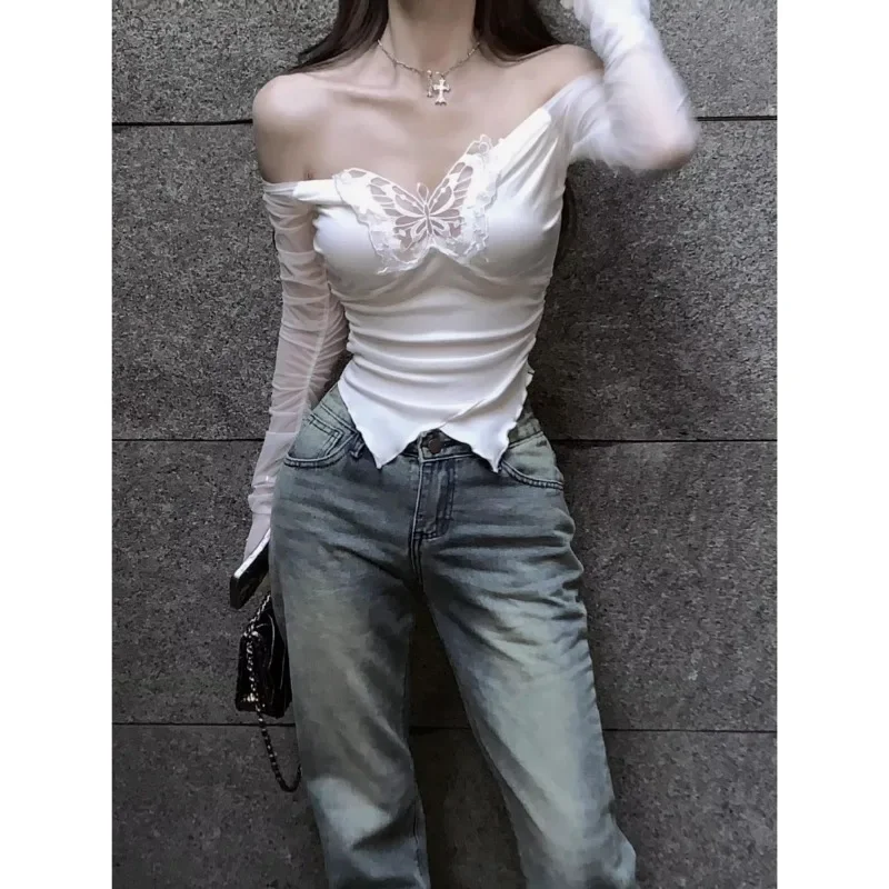 Korean Style Off Shoulder T Shirts Women Aesthetic Butterfly Cropped Mesh Tops Sexy Coquette Y2k Kpop Long Sleeve Tees