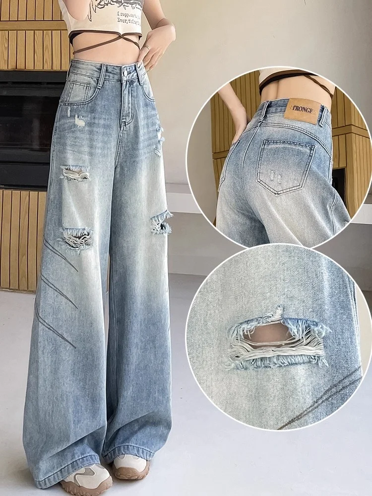 

Women's High Waist Wide Leg Jeans Spring Autumn New Unique Design Hole Punching Straight Thin Style Casual Wear Denim Pants