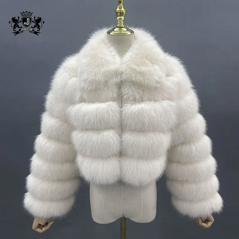 Kobiety Nowa moda Krótki zimowy płaszcz ze sztucznego futra lisa Kobiety Luksusowy kołnierz ze stójką Gruba ciepła kurtka futrzana Faux Fur Cropped