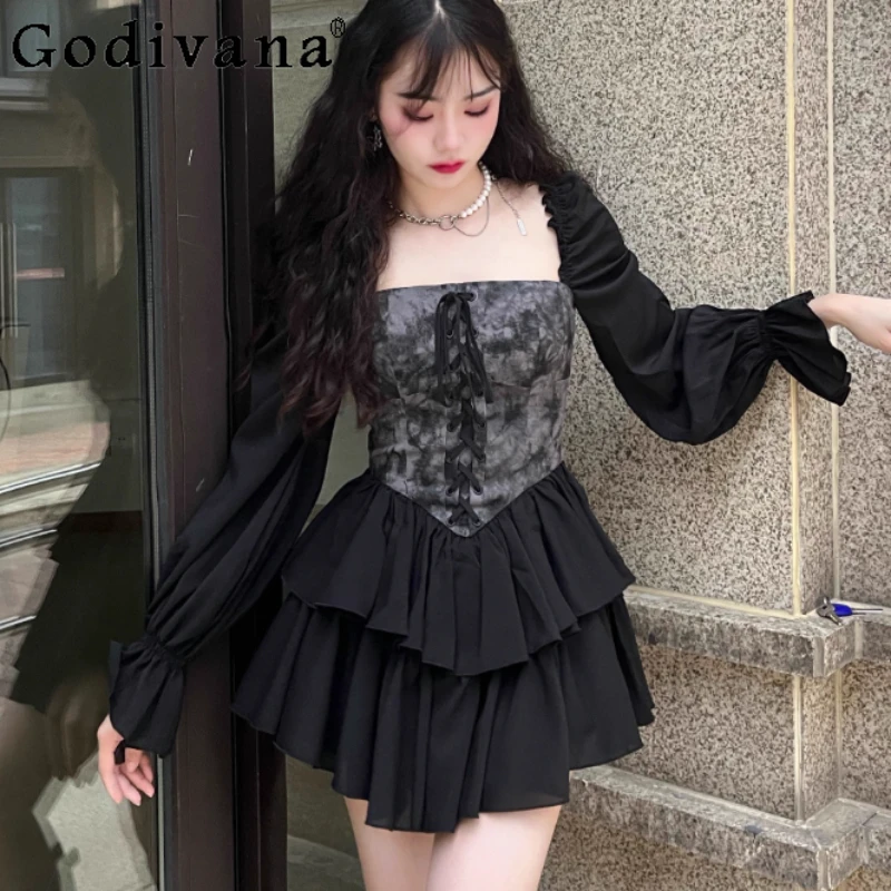 

Halloween Dark Tie-dye Heavy Industry Cake Princess Dress Girl Irregular Lace-up Temperament Square Collar High Waist Dresses