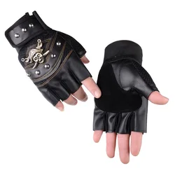 Men Women Half Finger Black PU Leather Pirate Skull Rivet Mesh Punk Mitten Sport Fight Cycling Glove N25