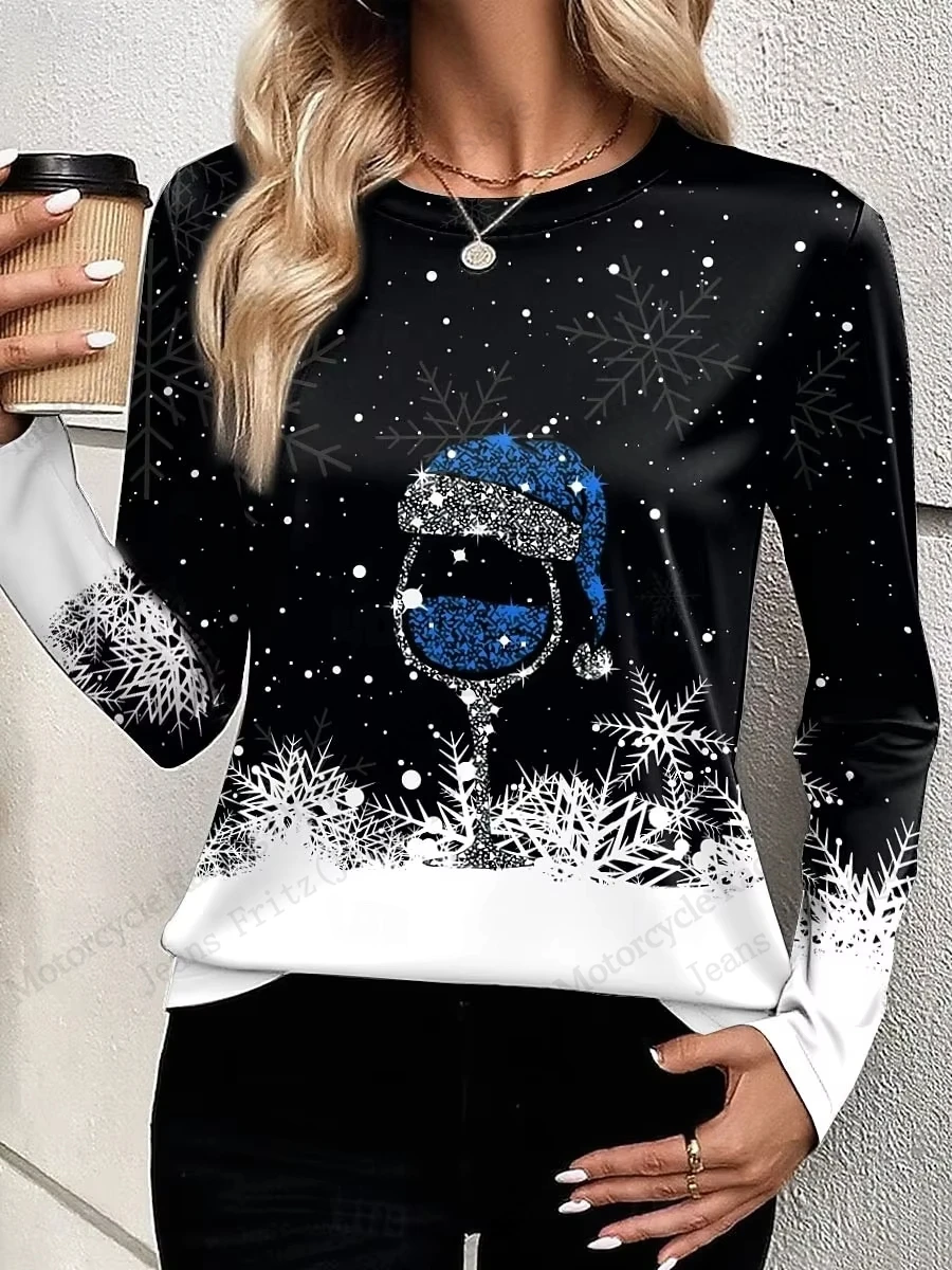 クリスマスワインカップ帽子 3d プリント長袖 Tシャツ女性ファッションカジュアル特大スノーフレーク Tシャツ女性トップス Tシャツ女性服