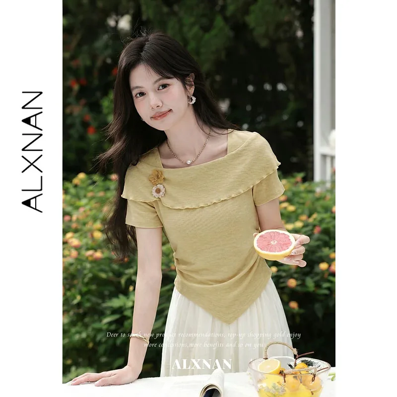 

ALXNAN Women's T-shirts Yellow Cowl Neck Short Sleeve T-shirt 3D Floral Ruched Waist Irregular Hem Elegant Summer Tops L66005
