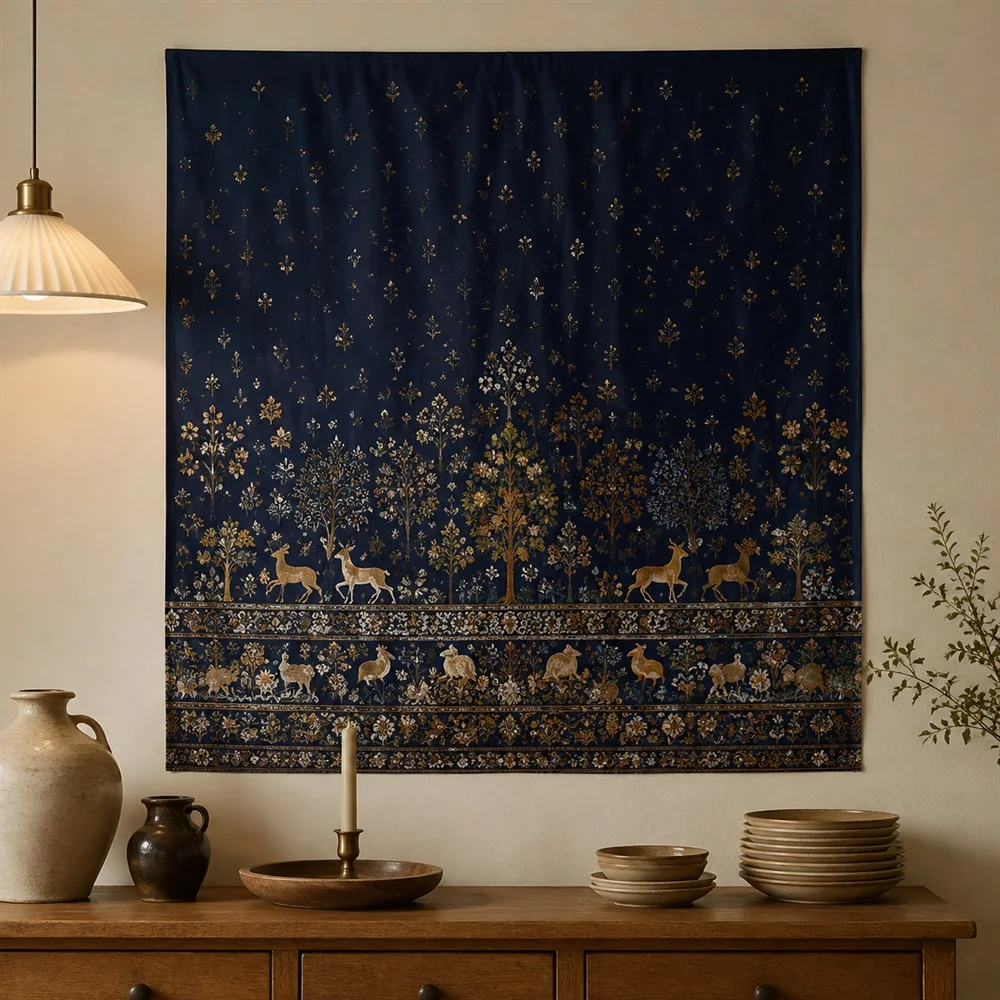 VIKAMA Millefleurs Medieval Tapestry Wall Hanging, HD Print Washable Wall Art, Vintage Decor for Living Room Bedroom Study