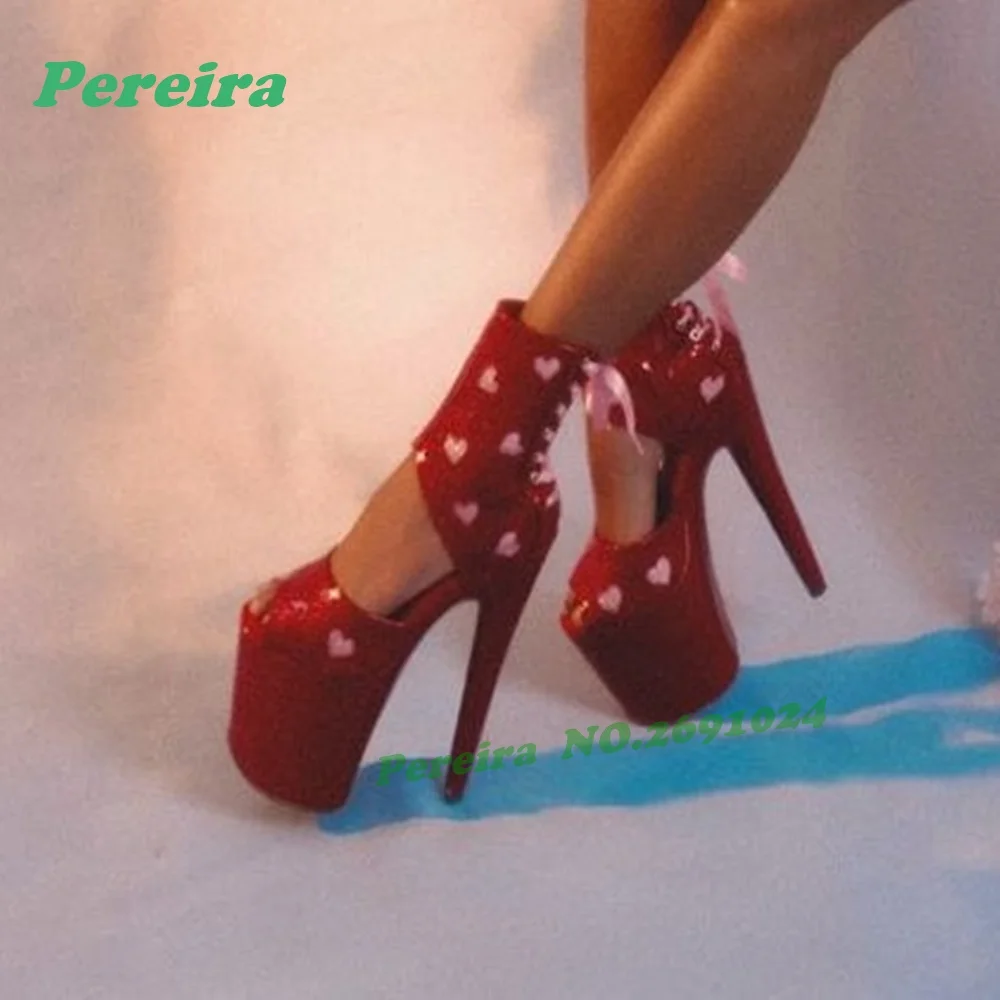 Black Glitter Pink Heart Platform Sandals Patchwork Stiletto Heels Glossy Pole Dance Shoes Lace-Up Nightclub Sexy Sandals Open - view 5