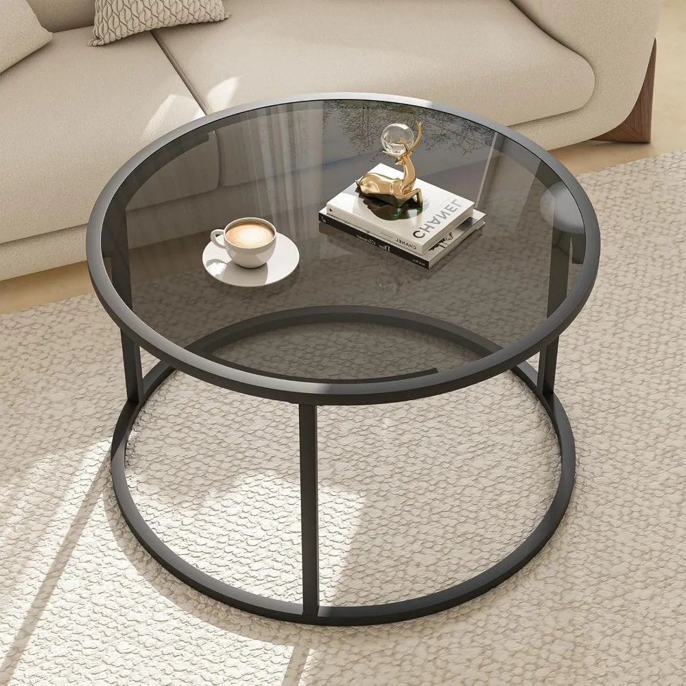 Glass Coffee Table Modern Center Table,Minimalist Round Coffee Tea Table,Tempered Glass-top with Sturdy Metal Frame for Living Room Bedroom Office and Small Space, 27 * 27 * 17 Inch,Gray Black