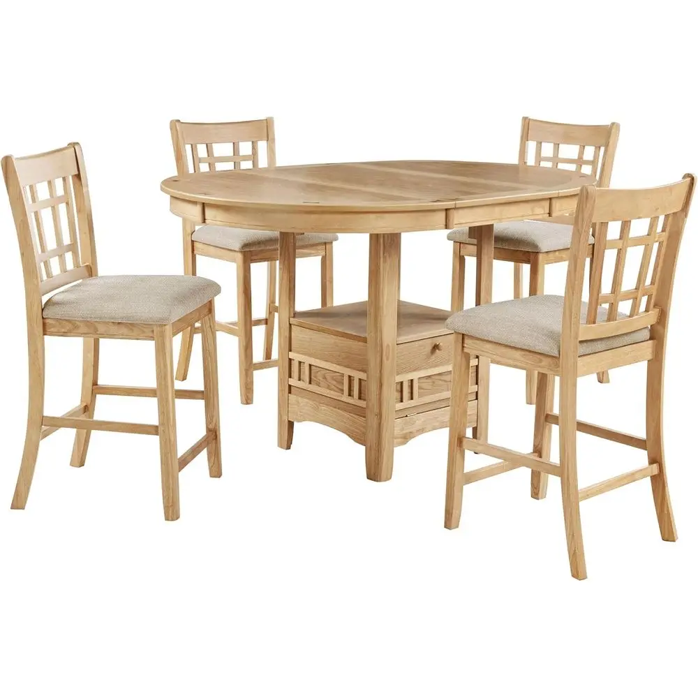

5-Piece Counter Height Dining Set - Oval Table with Storage and 4 Upholstered Chairs - Light Oak Finish