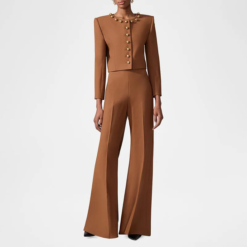 Retro temperament commuter two-piece set for women, round neck gold bead button-up shoulder padded top + micro-pull pants