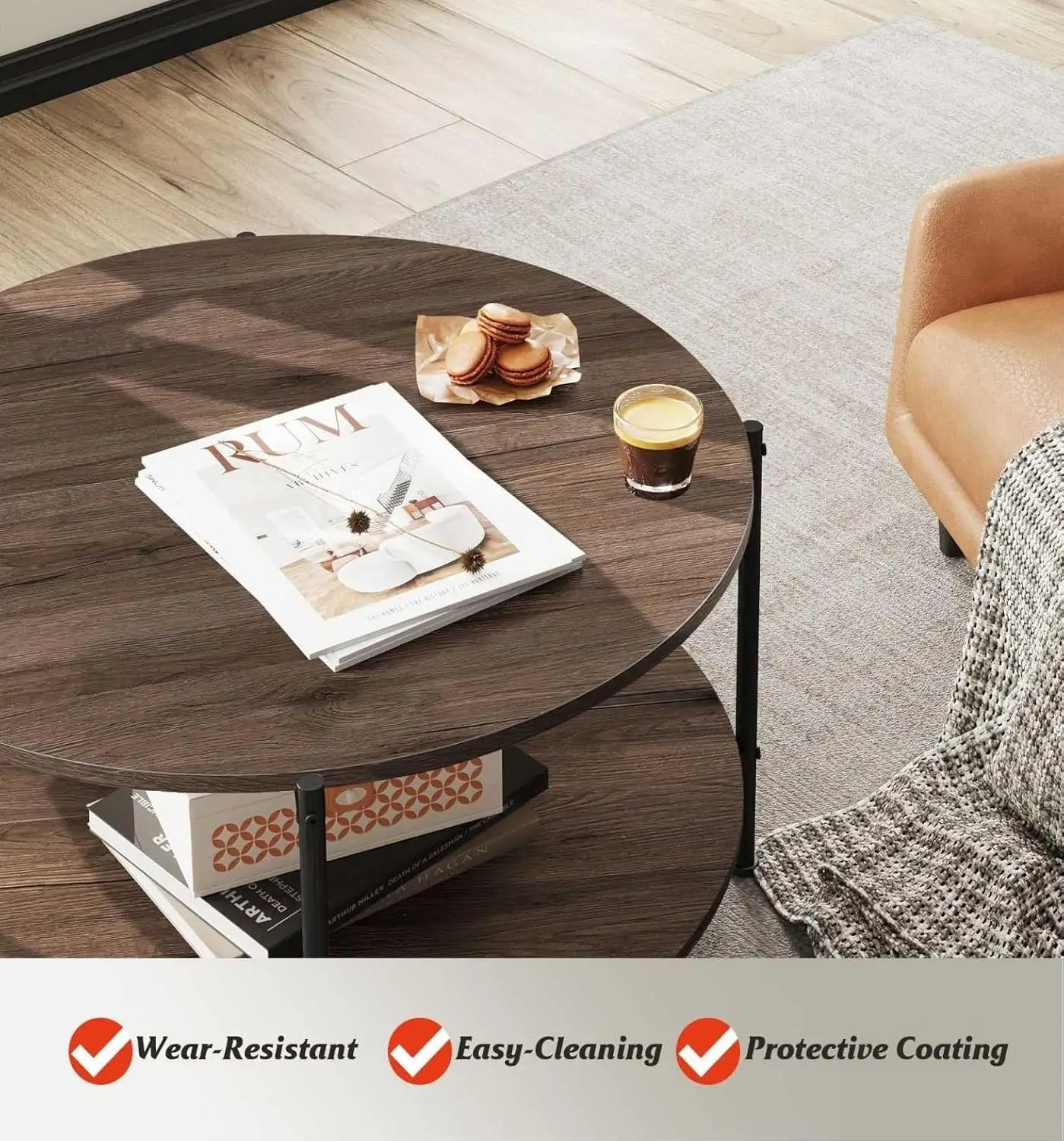 32.6" 2-Tier Industrial Round Coffee Table - Small Wood Circle Center Table with Open Storage