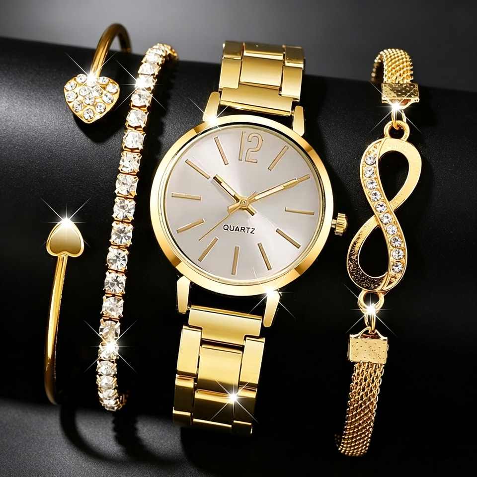 1pc ladies' fashionable and elegant quartz watch+3pc bracelet set, the perfect gift for her