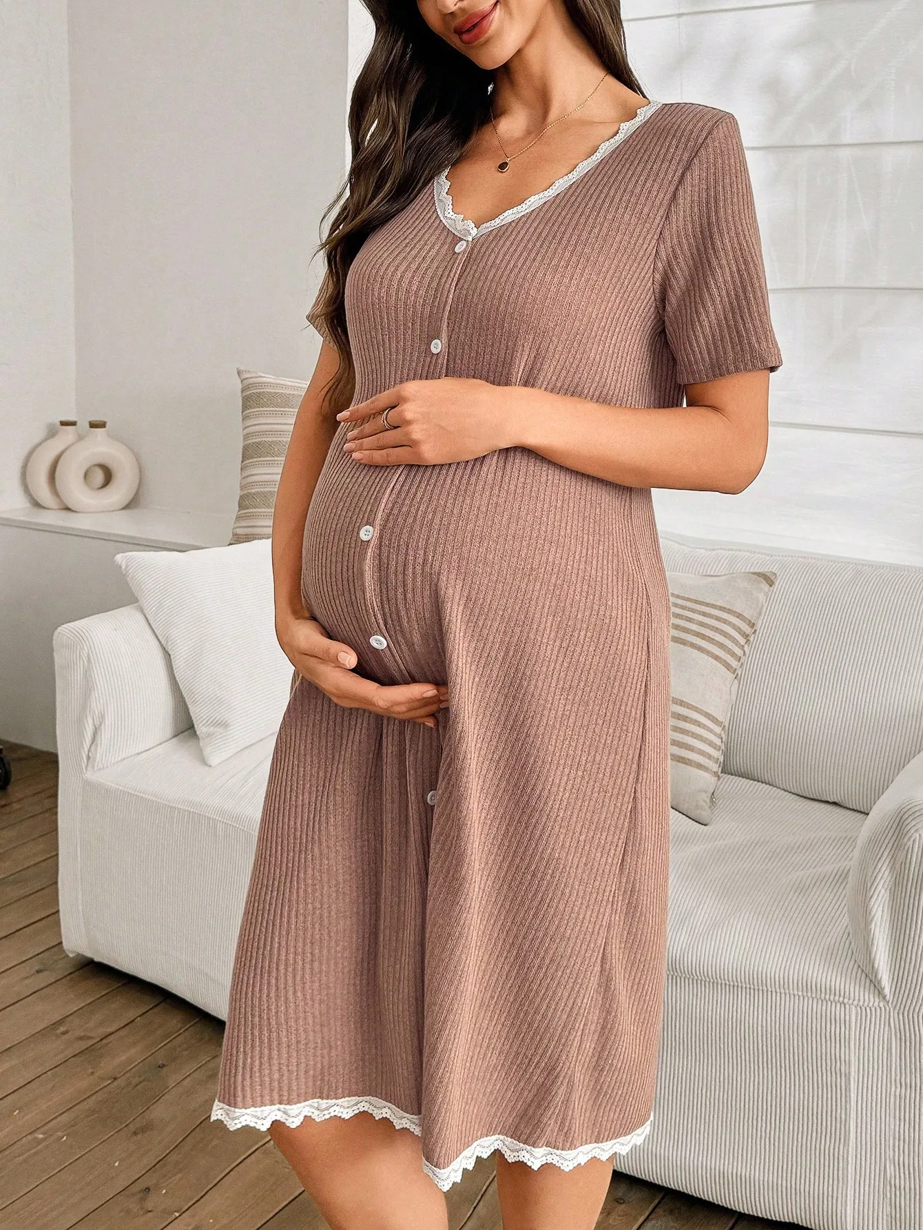 

Вязаная ночная рубашка для беременных с кружевной отделкой, V-образным вырезом, на пуговицах спереди, с короткими рукавами