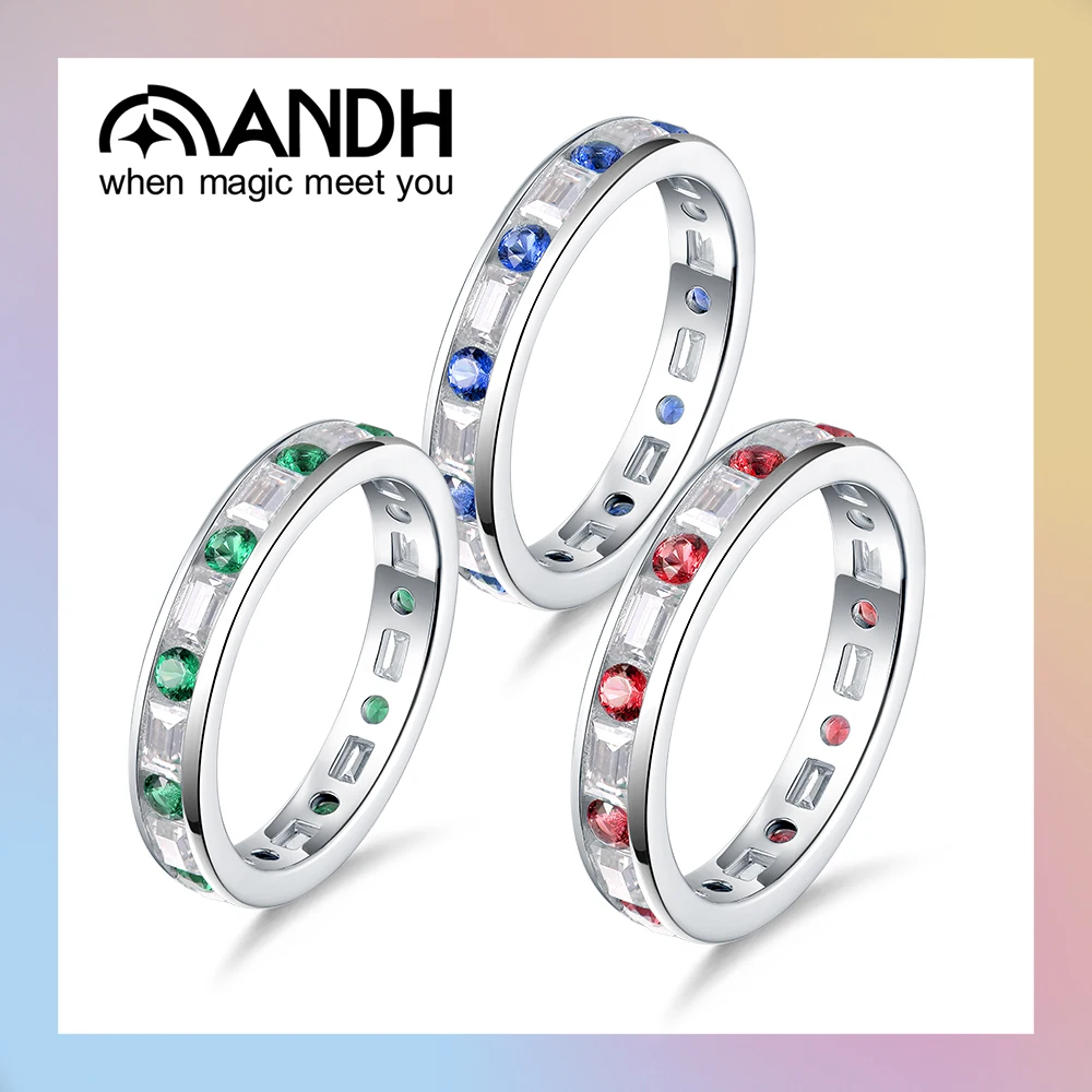 

ANDH Emerald Sapphire Ruby Moissanite Eternity Band Rings for Men Women 925 Sterling Silver Lab Grown Gemstone Hoop Fine Jewelry