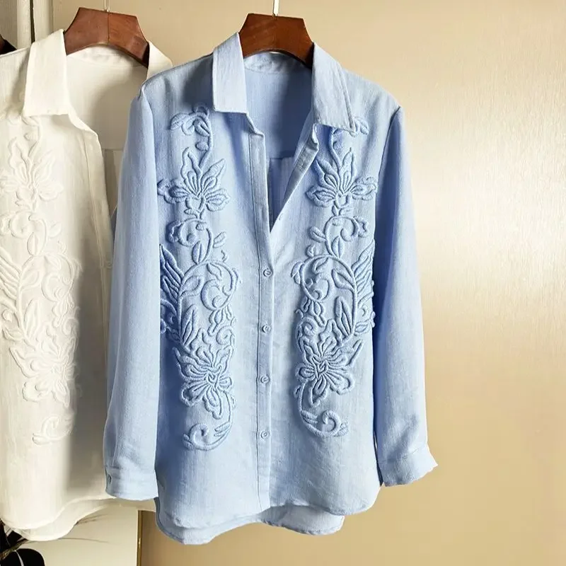 Heavy Industry Embroidered Loose Casual Shirt White Lazy Style Mid-length Top