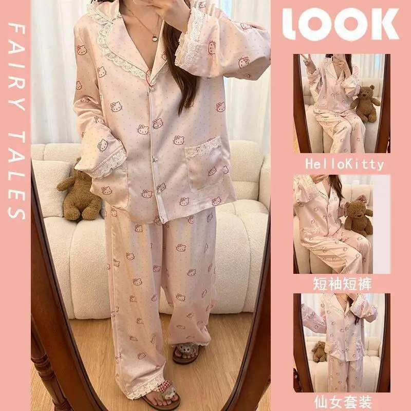 

2 шт. Sanrio, новый осенний пижамный комплект «Hello Kitty», кружевные пижамы в горошек из ледяного шелка, брюки с длинными рукавами, студенческий комплект домашней одежды