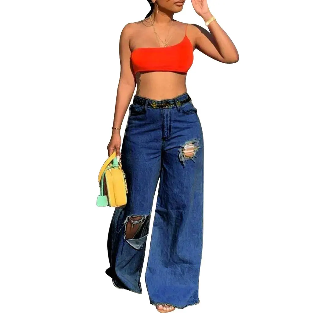 Z060 Jeans soltos rasgados assimétricos femininos Sexy estilo europeu e americano local independente de para mulheres