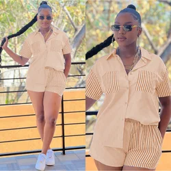 Fashion Striped Women 2 Piece Set Outfits Short Sleeve Pocket Shirt and Shorts Set 2023 INS Summer Streetwear Tracksuit