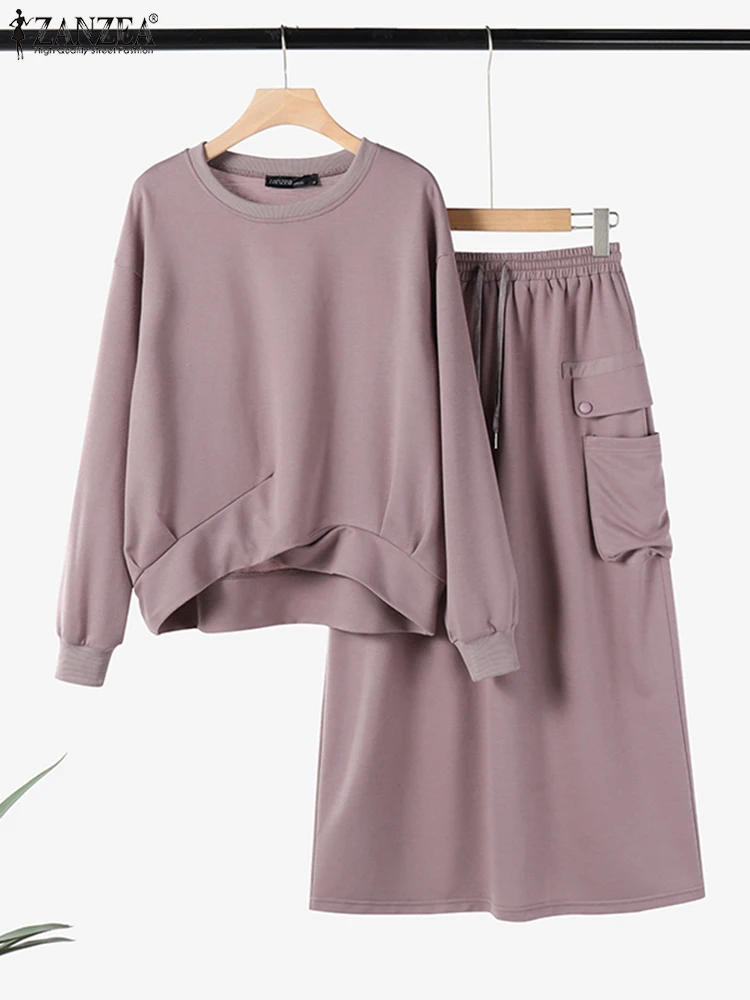 ZANZEA Daily Wear Elastic Waist Skirt Dress Sets Casual Spring Loose Solid Skirt Suits Women Knotted Hem Sweatshirt 2pcs Outfits