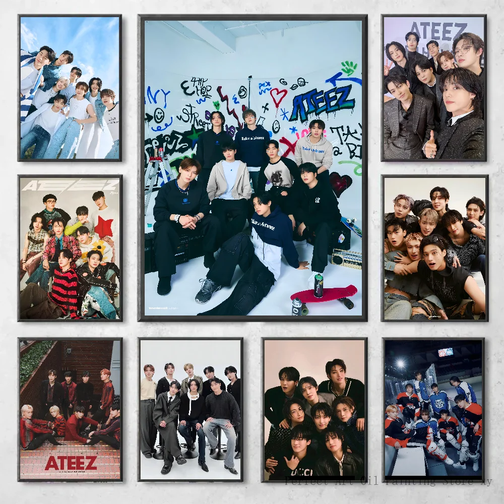 Kpop A-ATEEZ Poster, selbstklebende Kunst, wasserfester Papieraufkleber, Kaffeehaus, Bar, Zimmer, Wanddekoration