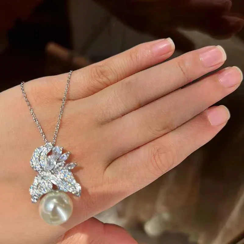2023 New Exquisite Sterling 925 Silver Micro CZ Baroque Pearl Jewelry Set Female Elegant Wedding Bridal Ring/Earring/Necklace