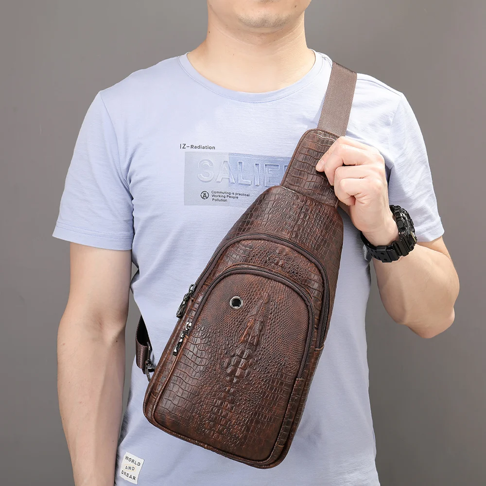 Crossbody Bag for Men Leather Sling Bag Croco Pattern Shoulder Bag Purse Vintage Chest Bag Pack Outdoor Bags Male 9075