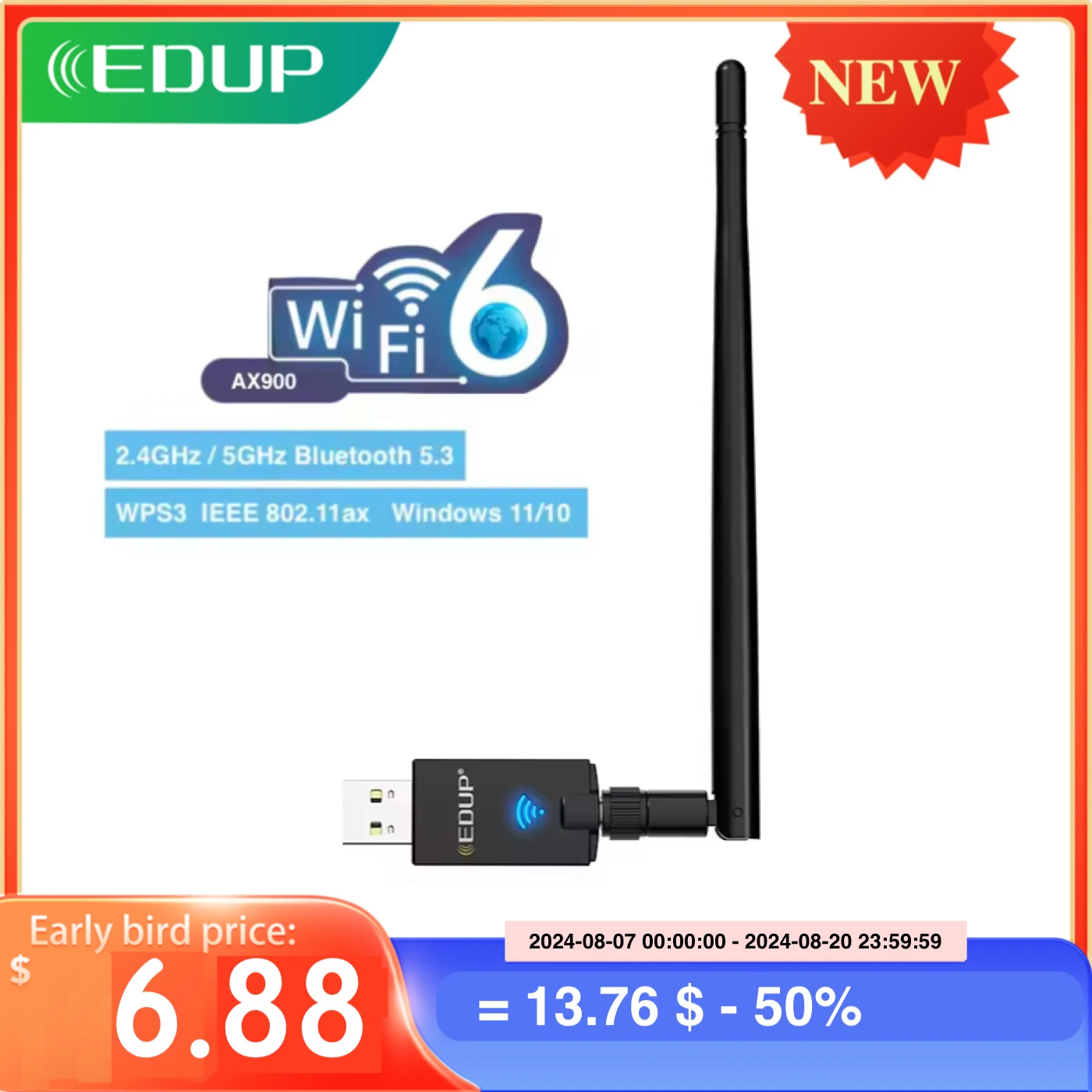 EDUP AX900M USB WiFi 6 Adapter BT5.3 2.4G/5GHz 900Mbps Wireless Network Adapter 5dBi Antenna for Mac Laptop Desktop PC Win 11/10