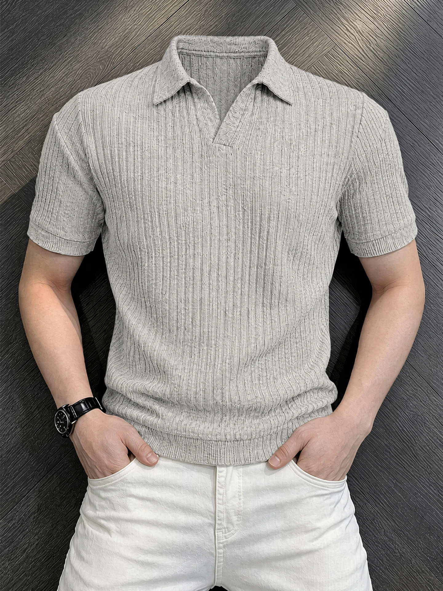 Ice Silk  Shirt V-Neck Short Sleeve Men's Summer Thin Wide Shoulder Appearance T-Shirt Flip Collar Half Sleeve Casual Style