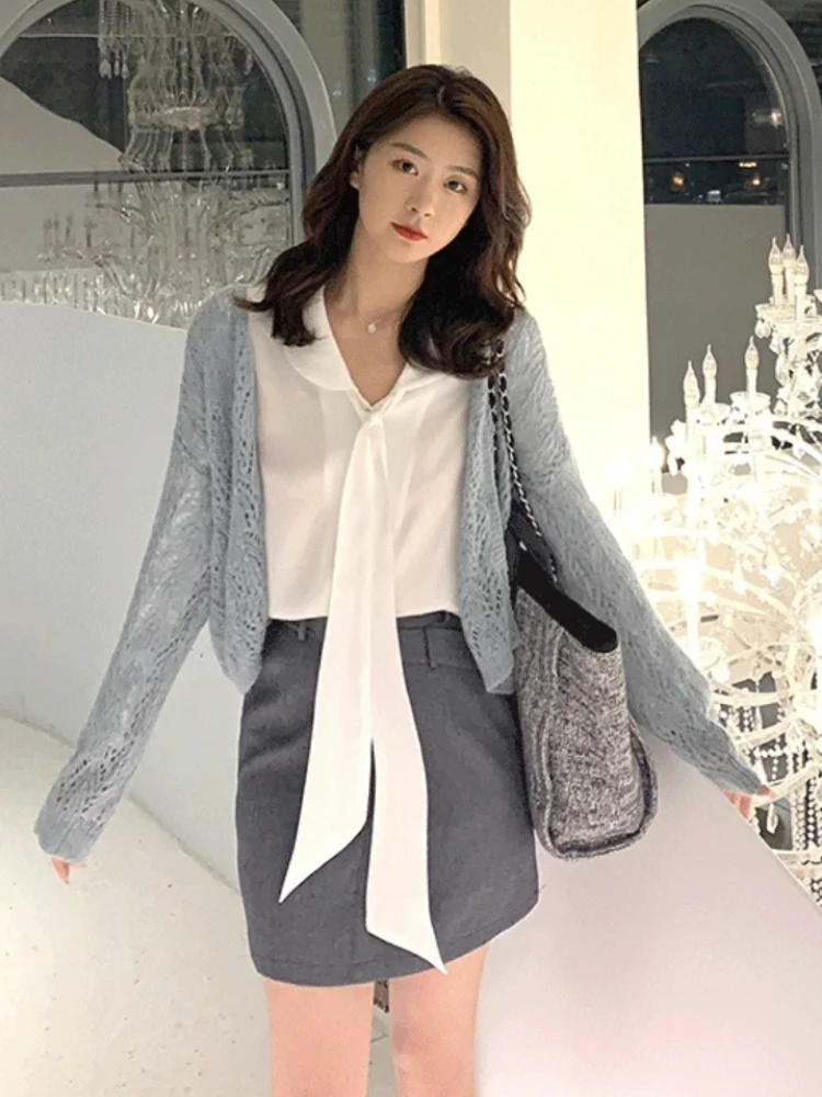 Thin Long Sleeve Cardigan Women V-neck Temperament Vintage French Style Spring Fashion New All-match Cozy Lady Simple Loose Chic