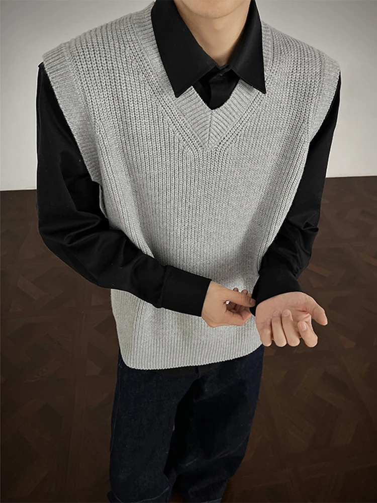 

V-Ne Knitted Vest Men's Sle Autumn High nce Sensation Dk No-Sve Layering Vest American Casual Stand Fit