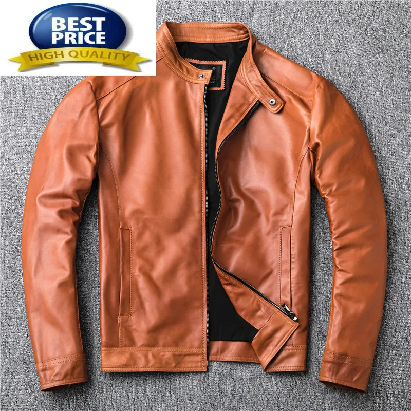 Chaqueta de piel auténtica para Hombre, abrigo Vintage de piel de oveja Natural, informal, naranja, primavera y otoño, 100%