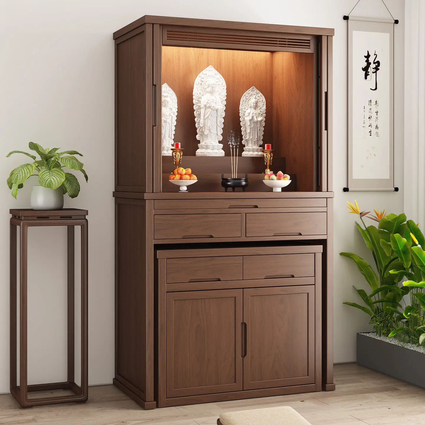 YJQ Solid Wood Shrine Shrine Guanyin Bodhisattva Modern Simple Hidden Door Cabinet Buddhist Terrace