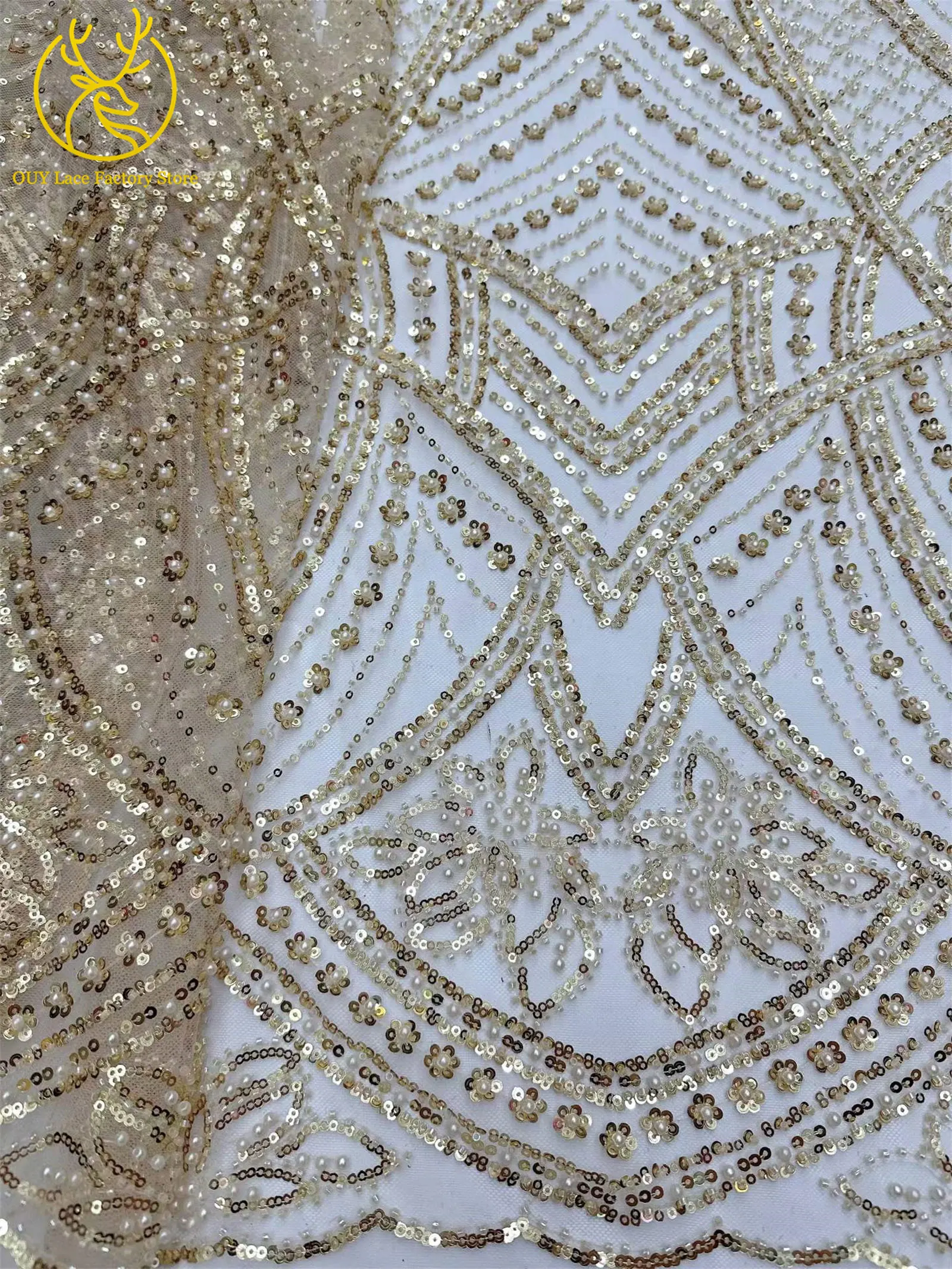 Hellgoldener, luxuriöser nigerianischer Tüll mit Perlen und Pailletten, Spitzenstoff 2026, hochwertiger afrikanischer Spitzenstoff zum Nähen von Hochzeitskleidern – Detail 25