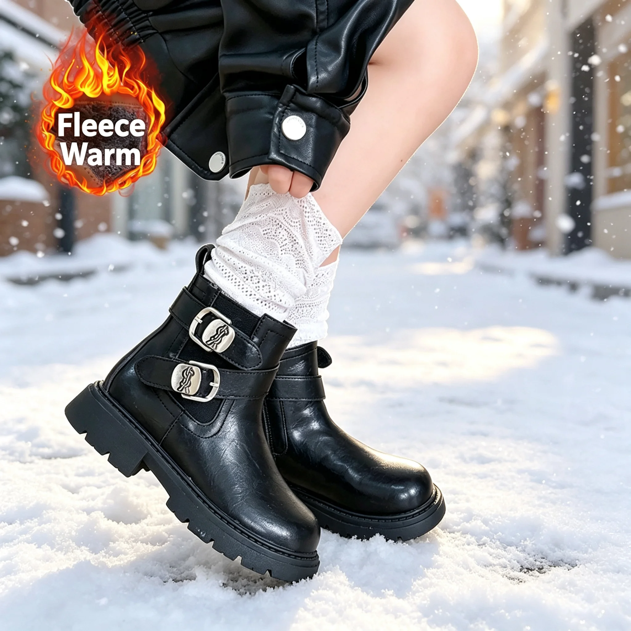 Girls Winter Fleece Lined Ankle Boots, Double Buckle Side Zipper Warm Non Slip Thick Sole Boots for Daily Outdoor Activities
