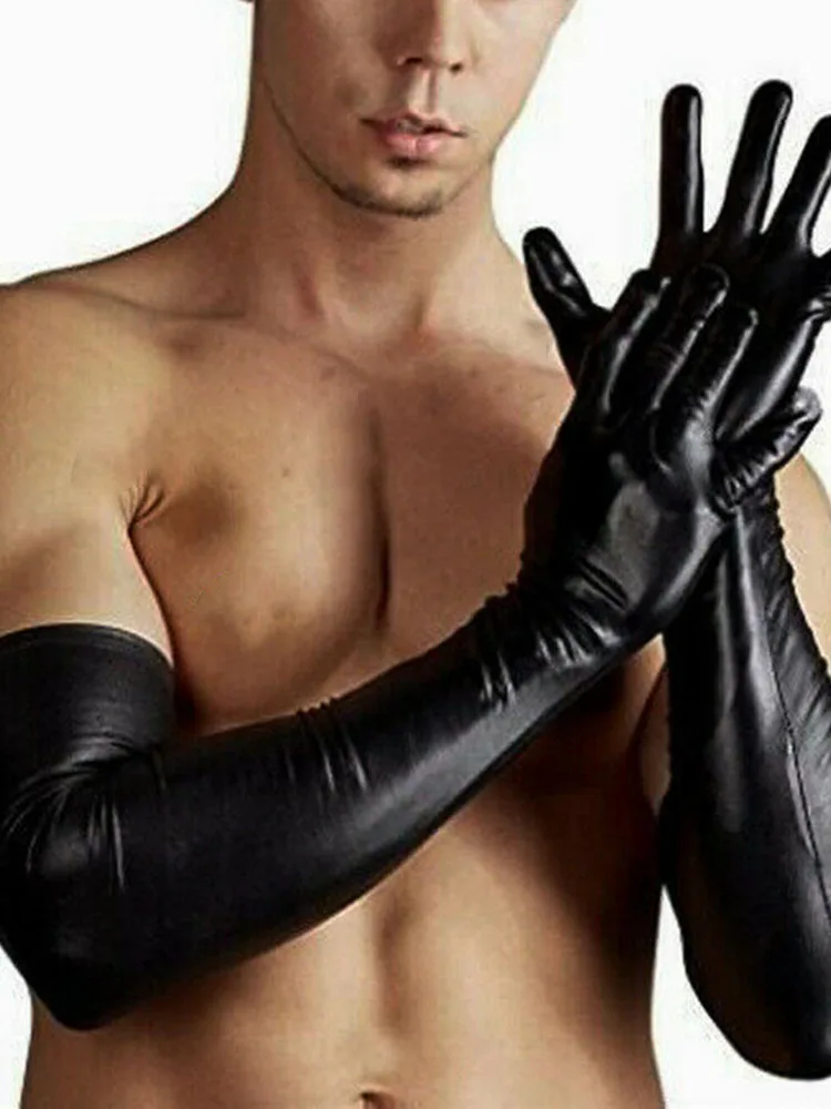men's-sexy-long-faux-leather-gloves-wet-look-latex-for-party-opera-full-cover-fingerless-medium-thickness-couple's-choice