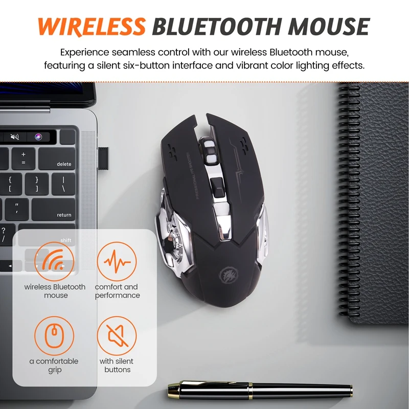 Silent Wireless Mouse USB Rechargeable Gaming Computer Rechargeable Bluetooth Mouse for PC and Laptop Black-ABVK