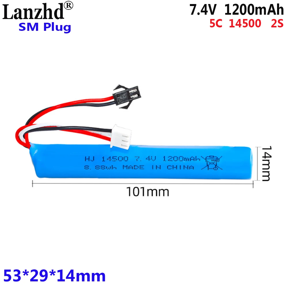 

Li polymer 7.4V 5C rate 14500 cylindrical battery 1200mAh For climbing car remote control electric toy battery with SM plug