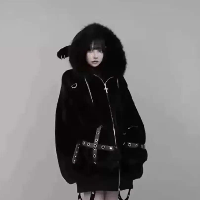 Japanese Harajuku Subculture Y2k Female Overcoat Punk Autumn Winter Hooded Cardigans Coat Rivet Cross Faux Fur Puffy Jackets