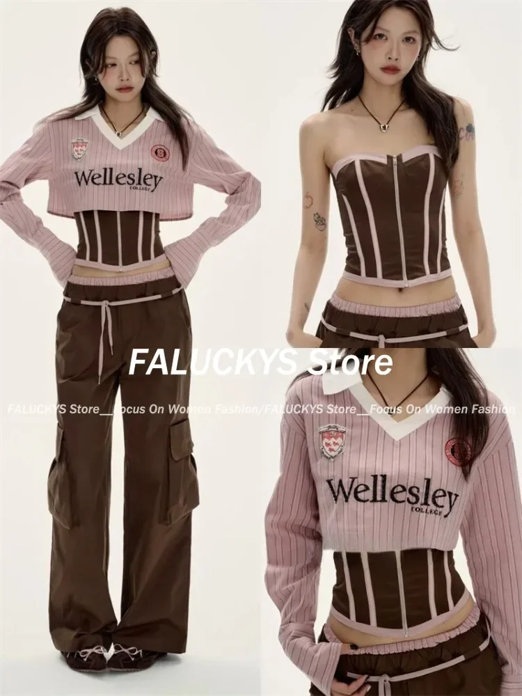 American Retro Sweet 2 Piece Set Women Spicy Girl Stripe V Neck Y2k Short Sweater + Sexy Slim Vest 2024 Autumn Fashion Outfits