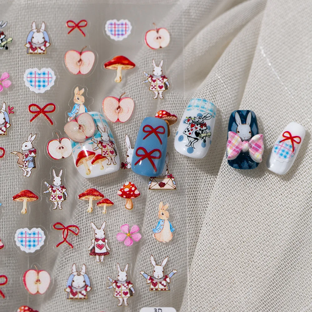 Fantasy 3D Fruit Nail Stickers - Cute Rabbit Mushroom Hearts Flowers Designs Sweet Candy Color Cartoon Nail for DIY Nail Art