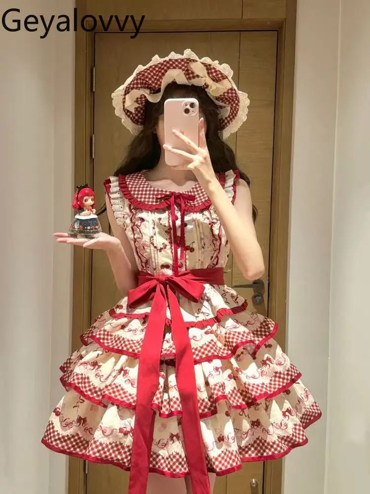 

Lolita Sweet Cute Pastoral Style Red Plaid Sleeveless Top Summer New High Waist Slimming Doll Collar Cake Short Skirt Set