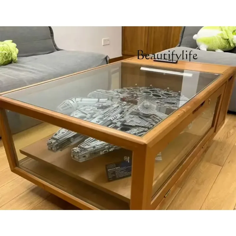 

Nordic medieval style solid wood display coffee table cherry wood tempered glass display coffee table creative customization