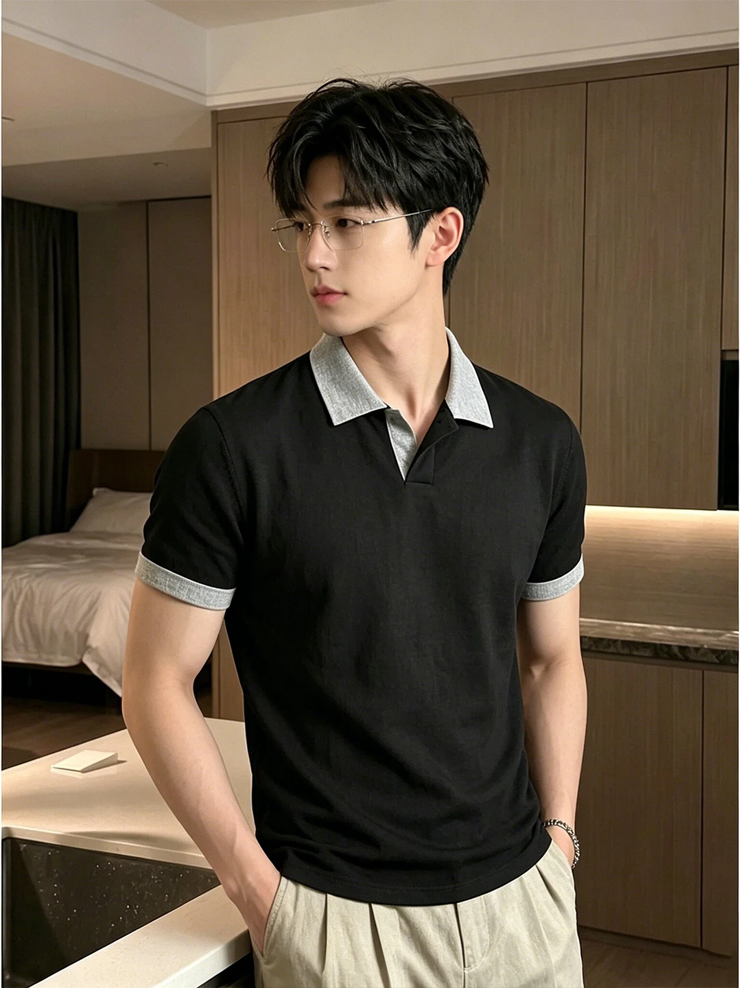 British Style  Shirt Men's Summer Thin Linen Simulation Short Sleeve Contrast Color Collar Shoulder T-Shirt Breathable St...