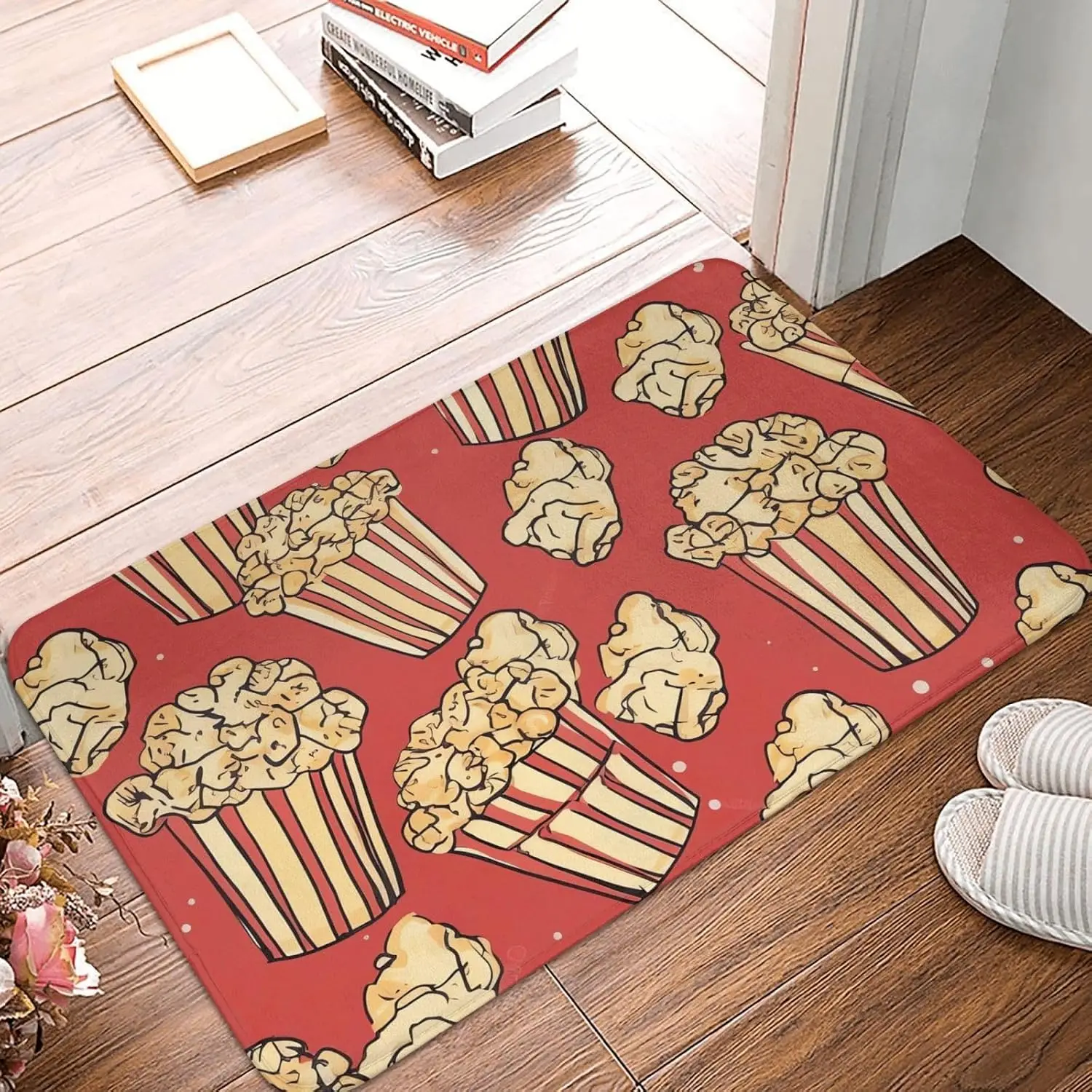 Red Popcorn Pattern Door Mat, Cute Cinema Snack Floor Mat, Non-slip Entrance Rug, Movie Night Kitchen Home Decor Gift