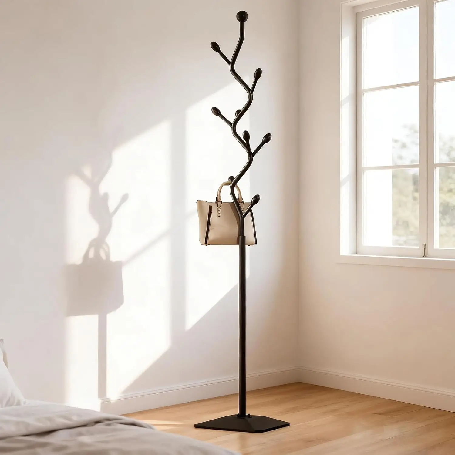 Tree-shaped coat rack stand， with 8 Hooks and sturdy cast iron base,for Clothes Hats Scarfs Purses (black)